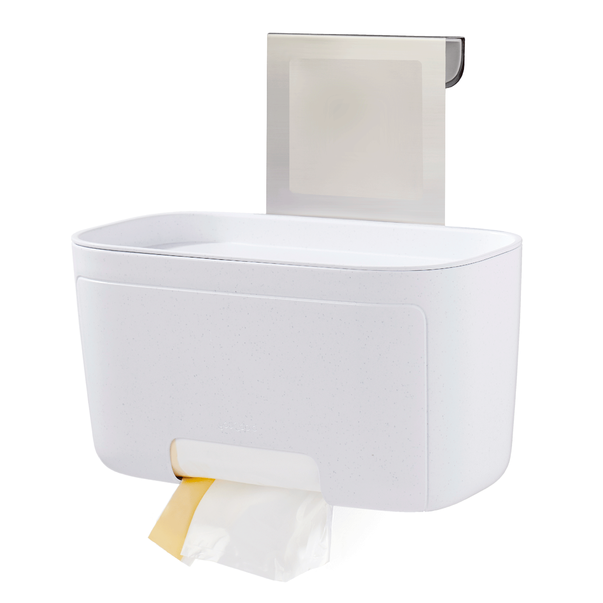 White door-mounted garbage bag holder with garbage bags on a white background