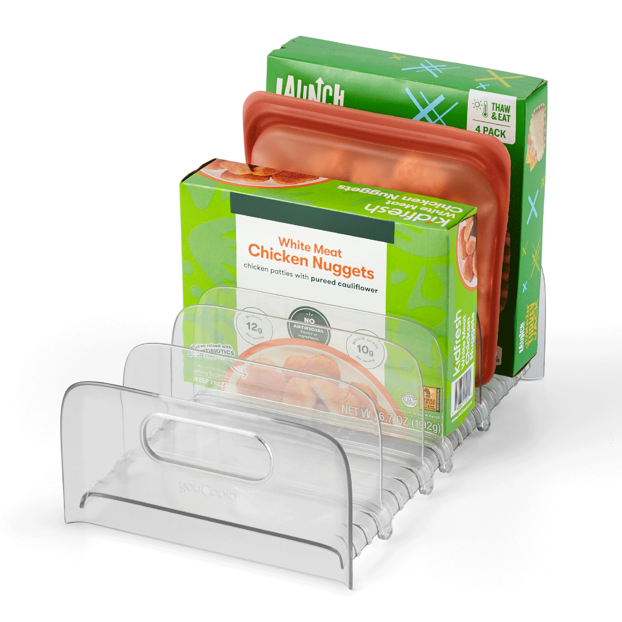 Clear plastic freezer rack stand with a chicken nugget box on a white background
