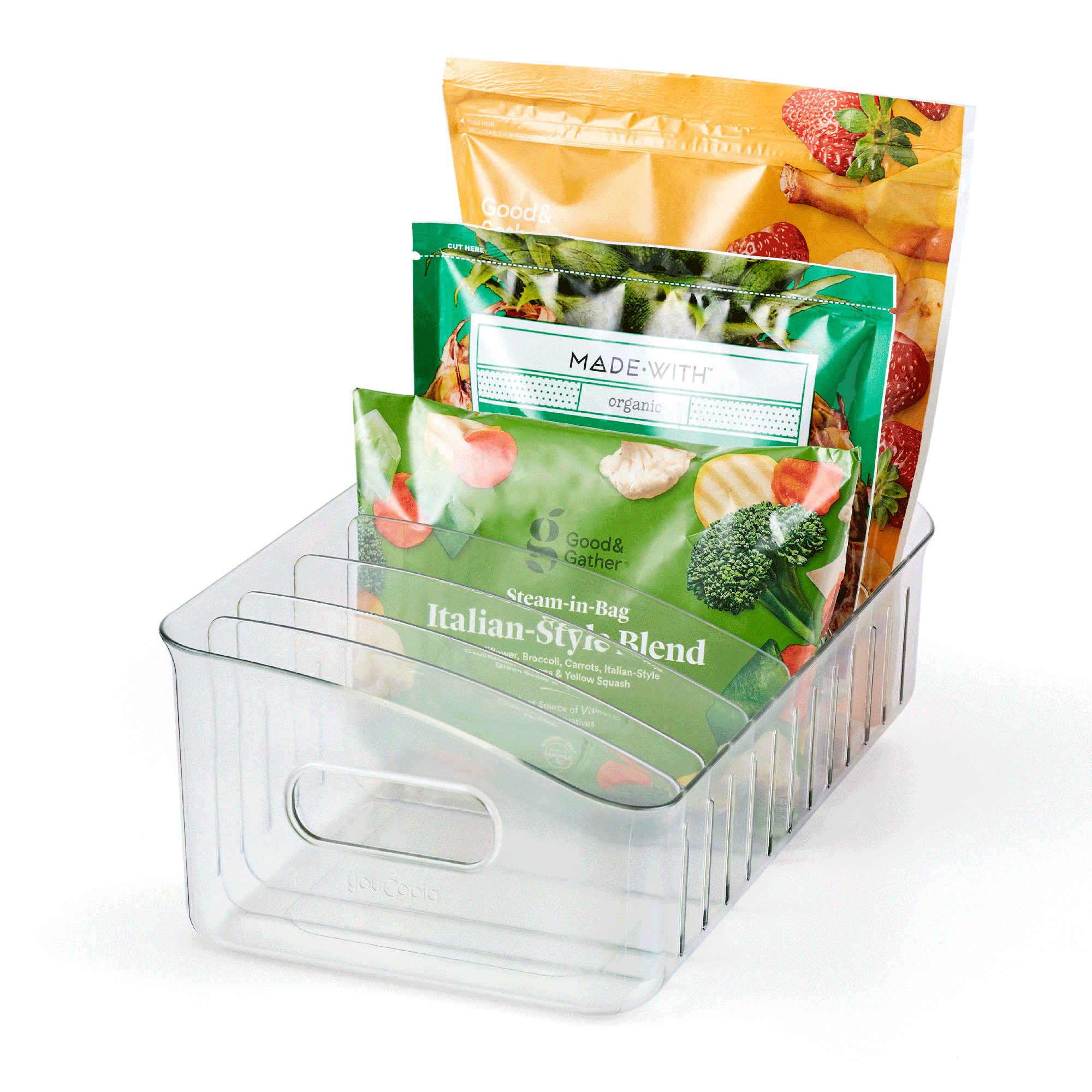 Clear plastic freezer bin with frozen vegetable bag on a white background