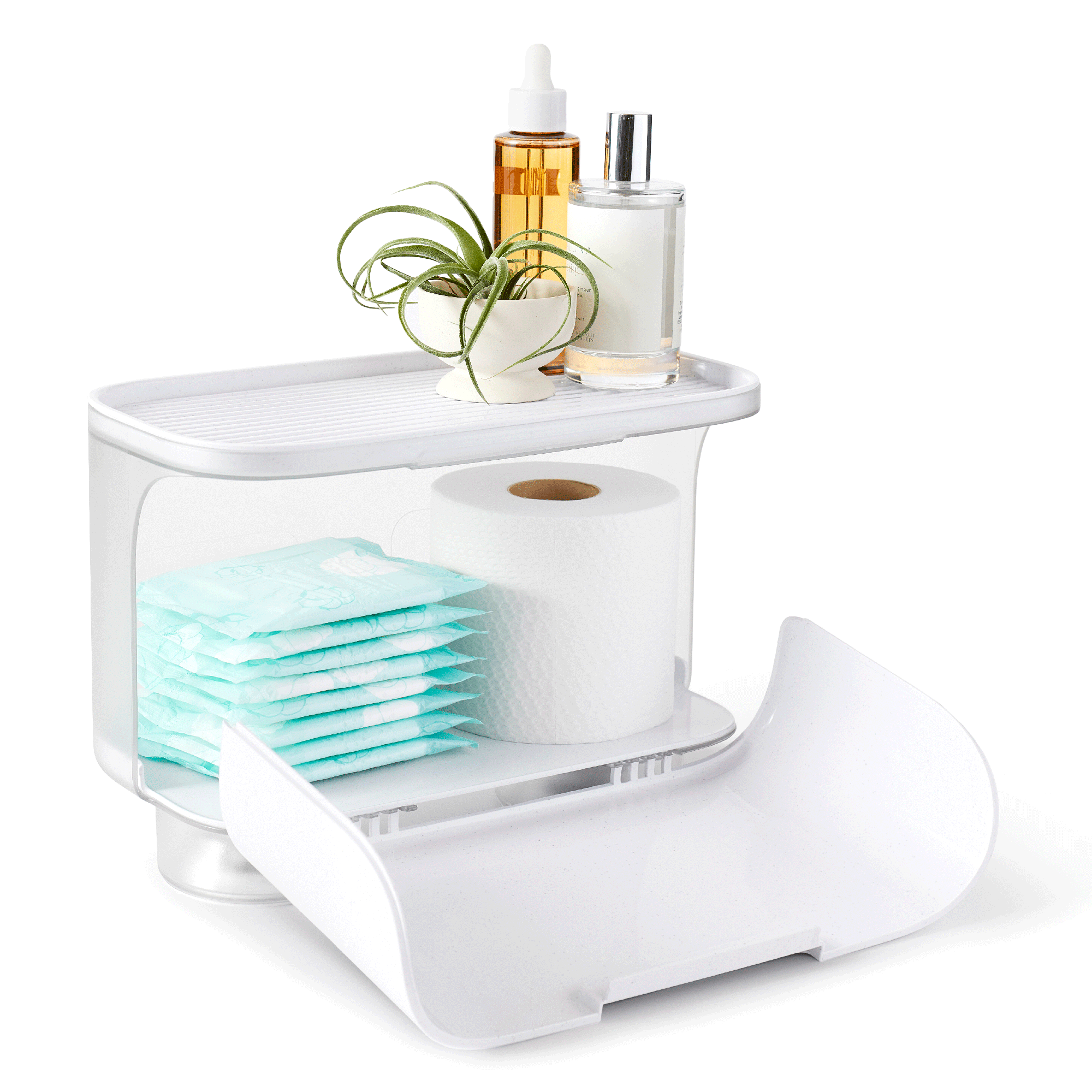 Multi-tiered, back of the toilet organizer with various items on a white background