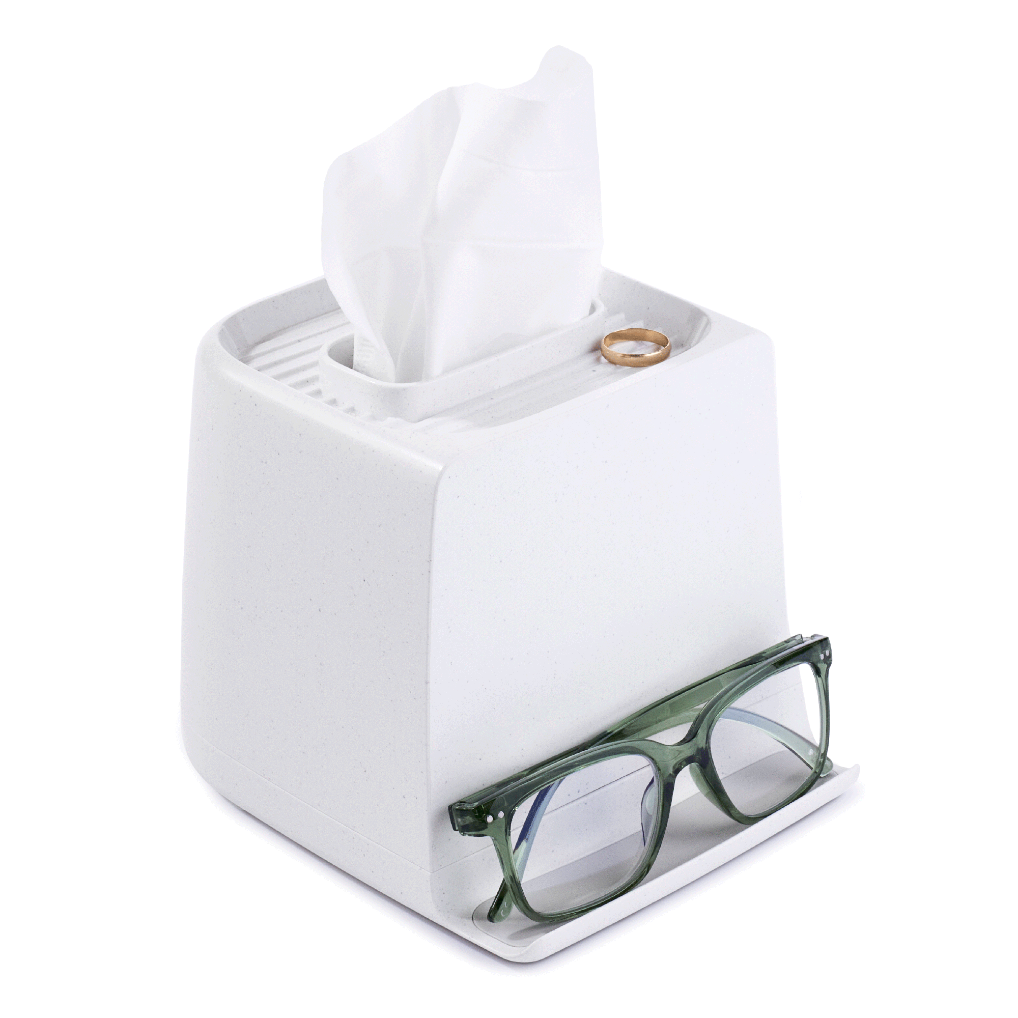 tissue box with ledge holding glasses on a white background