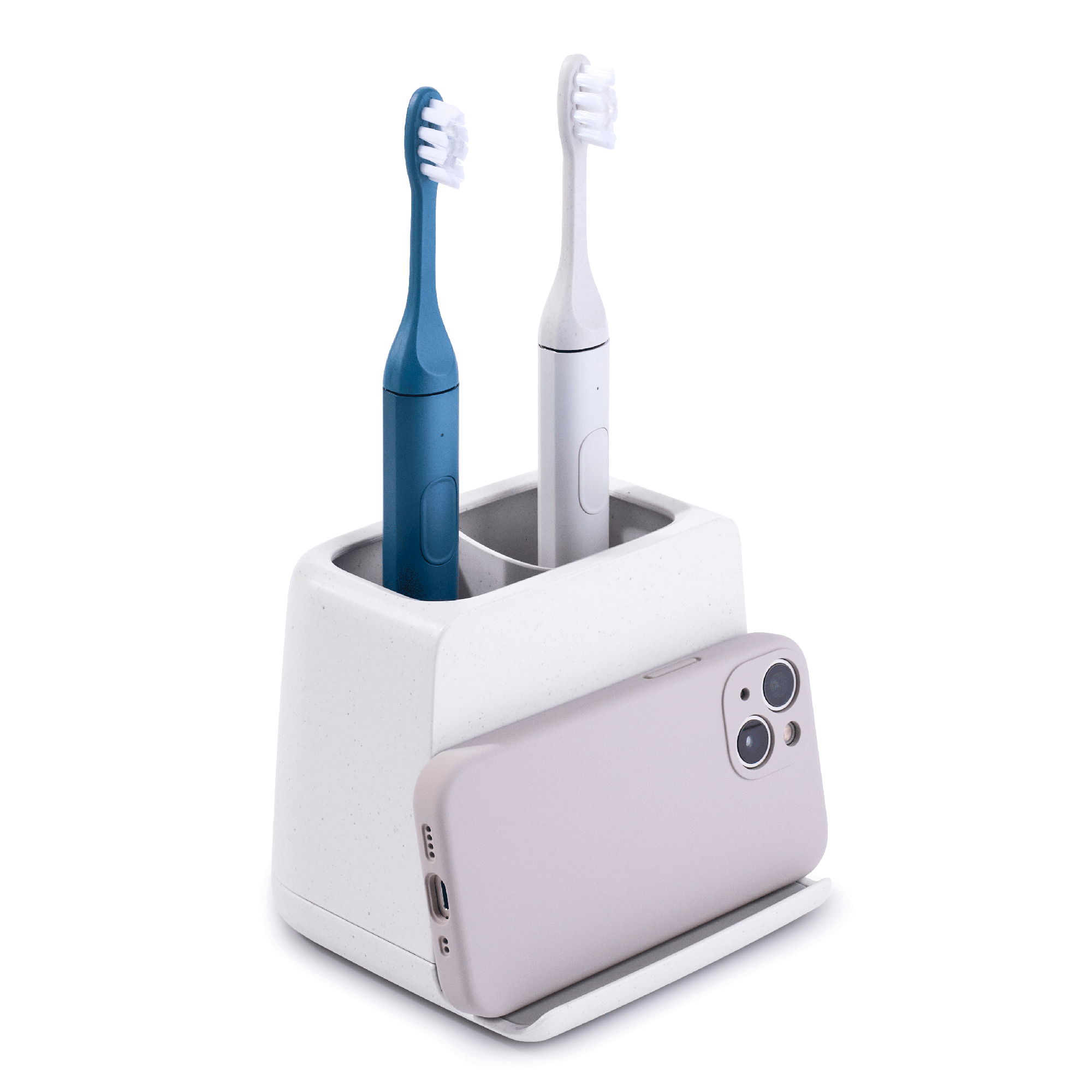 toothbrush holder with two electric toothbrushes and a smartphone on a white background