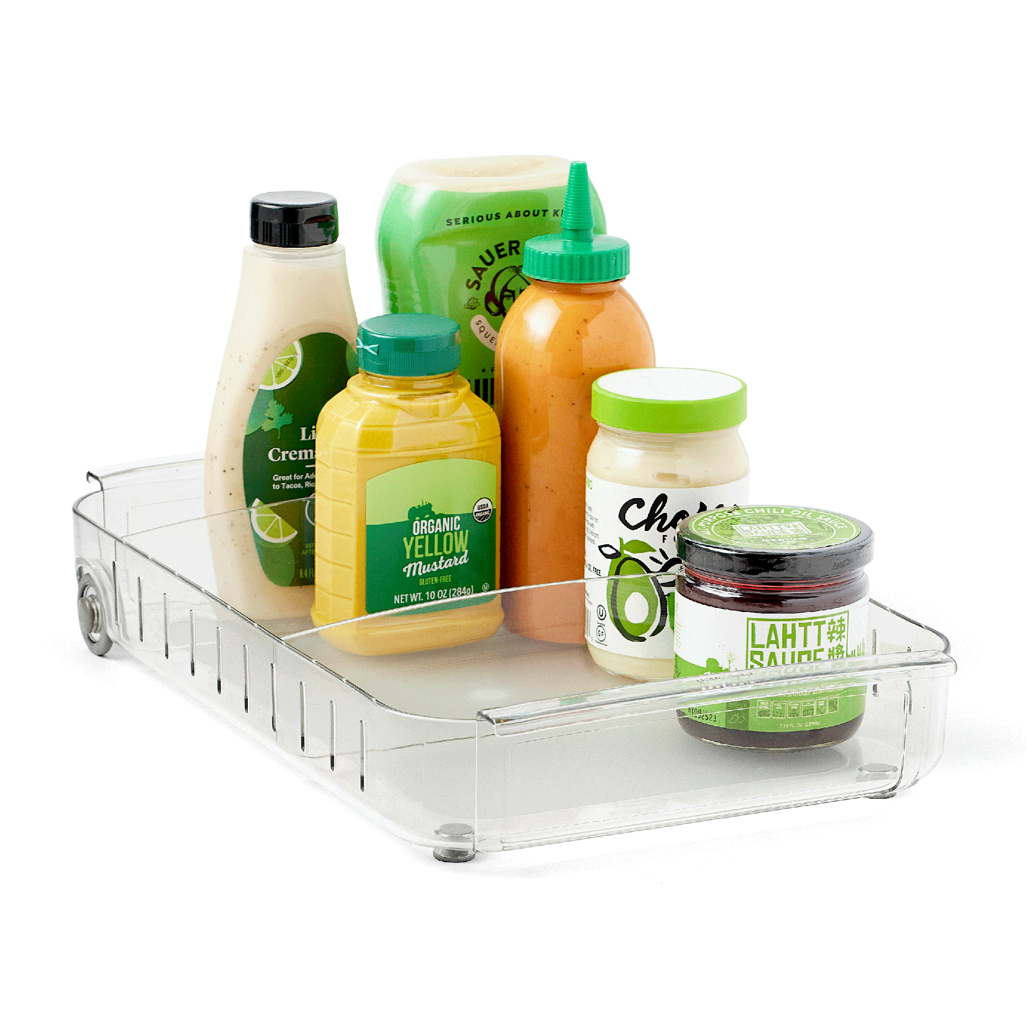 Clear plastic caddy organizer with various condiment bottles on a white background