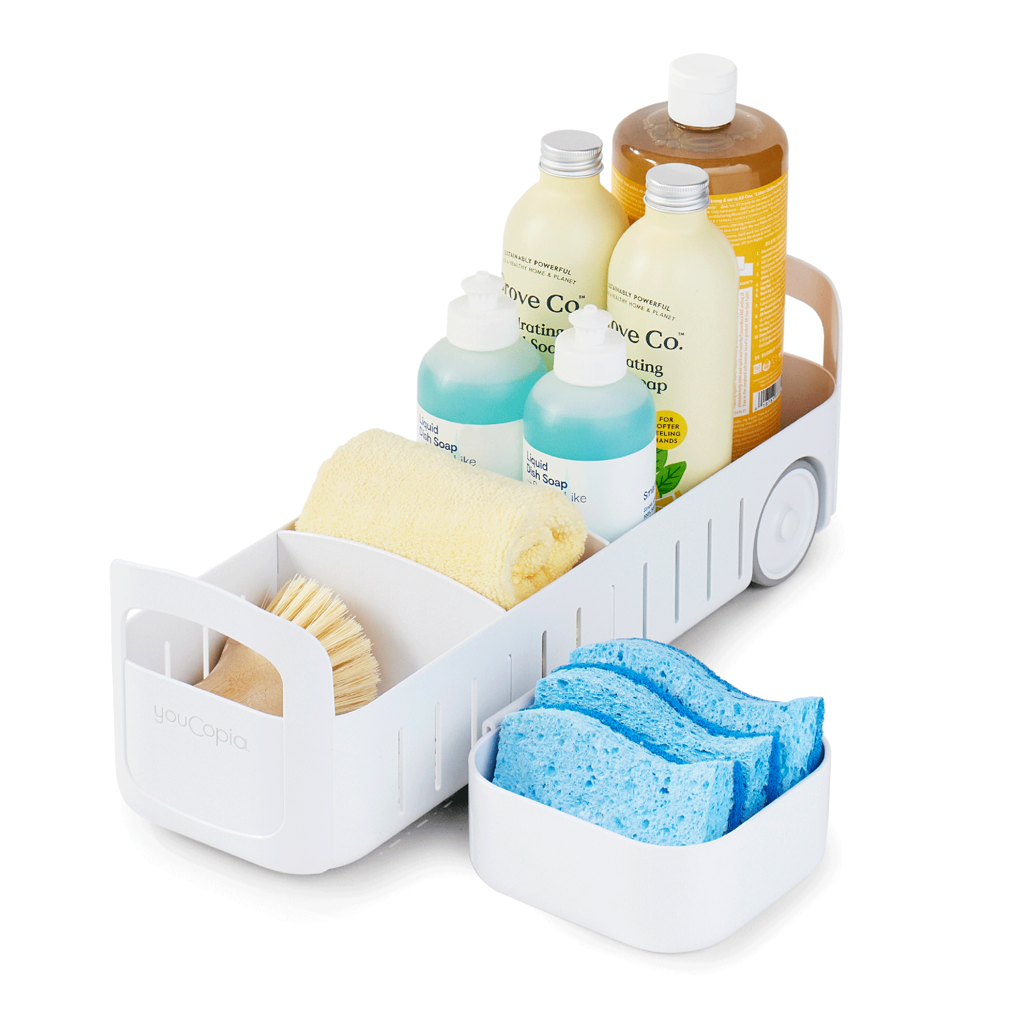 rolling cleaning caddy with various cleaning products on a white background