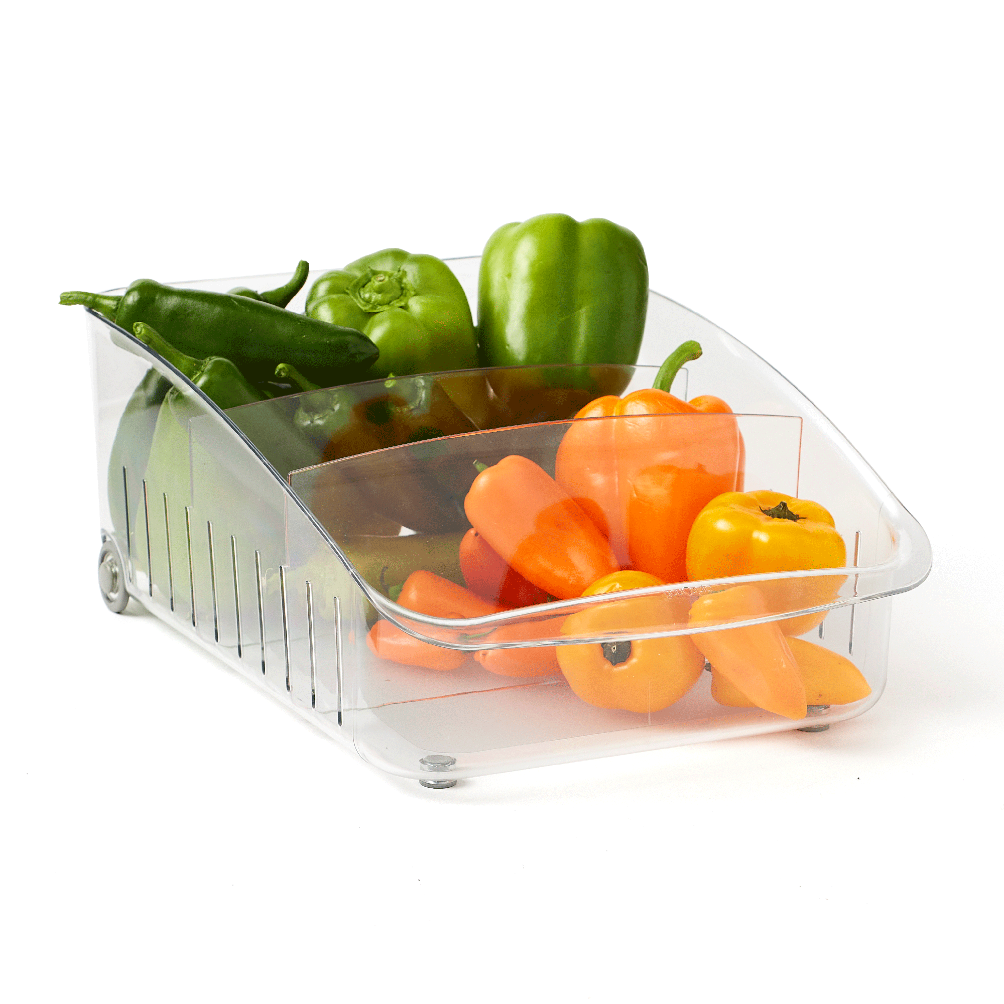Clear rolling plastic storage bin with green and orange peppers on a white background