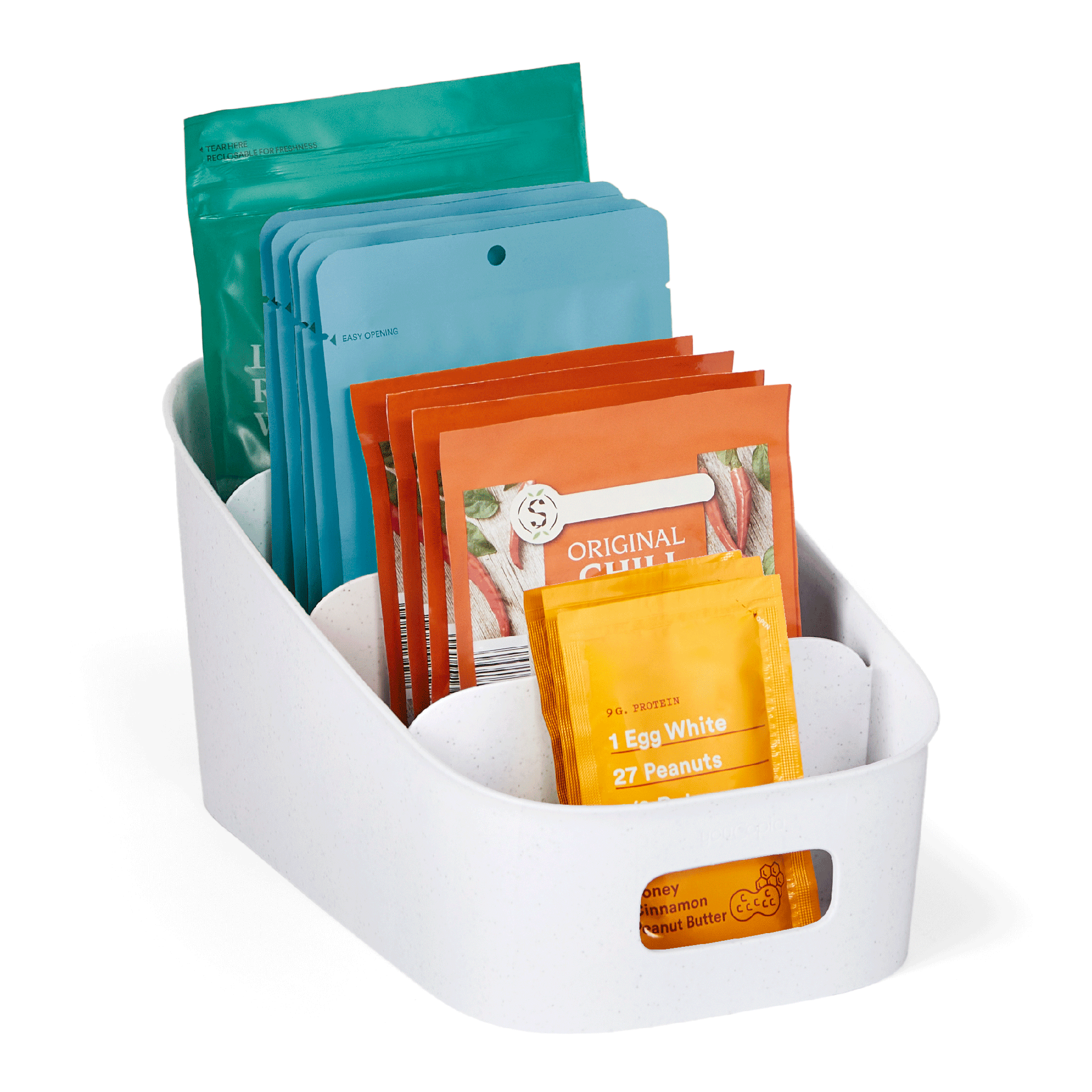 packet organizer with colorful packets including orange, blue, and green.