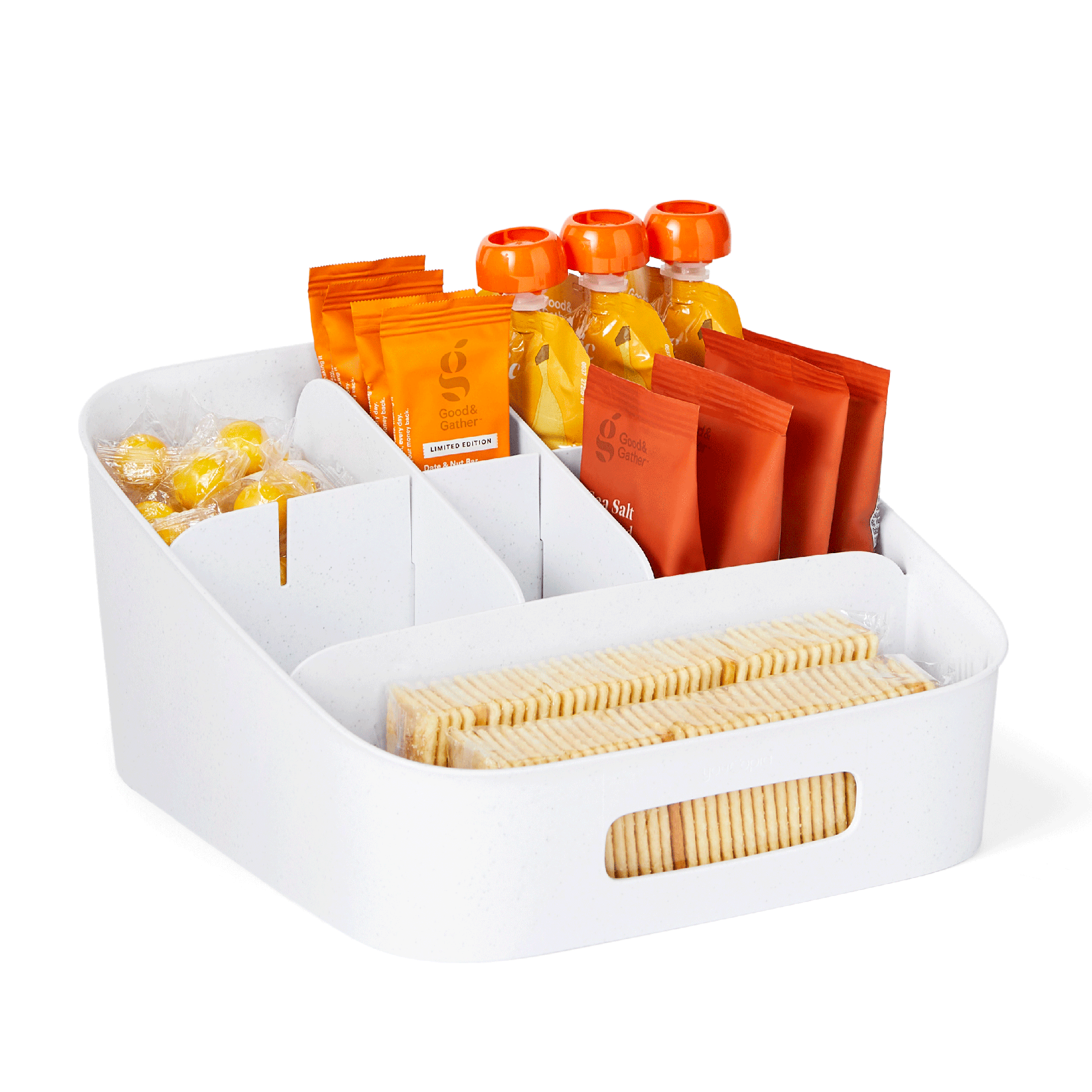White snack tray organizer with compartments containing snacks on a white background