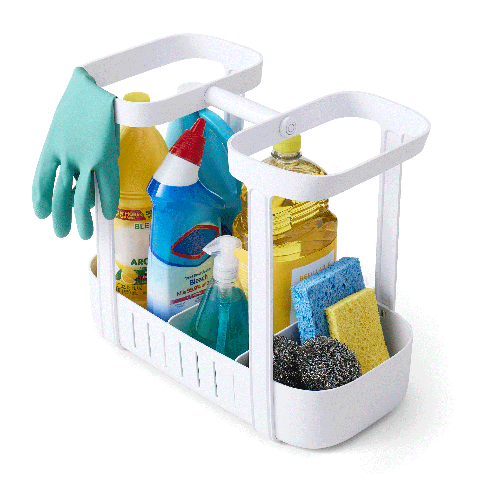 White cleaning caddy with various cleaning supplies including bottles, sponges, and gloves on a white background.