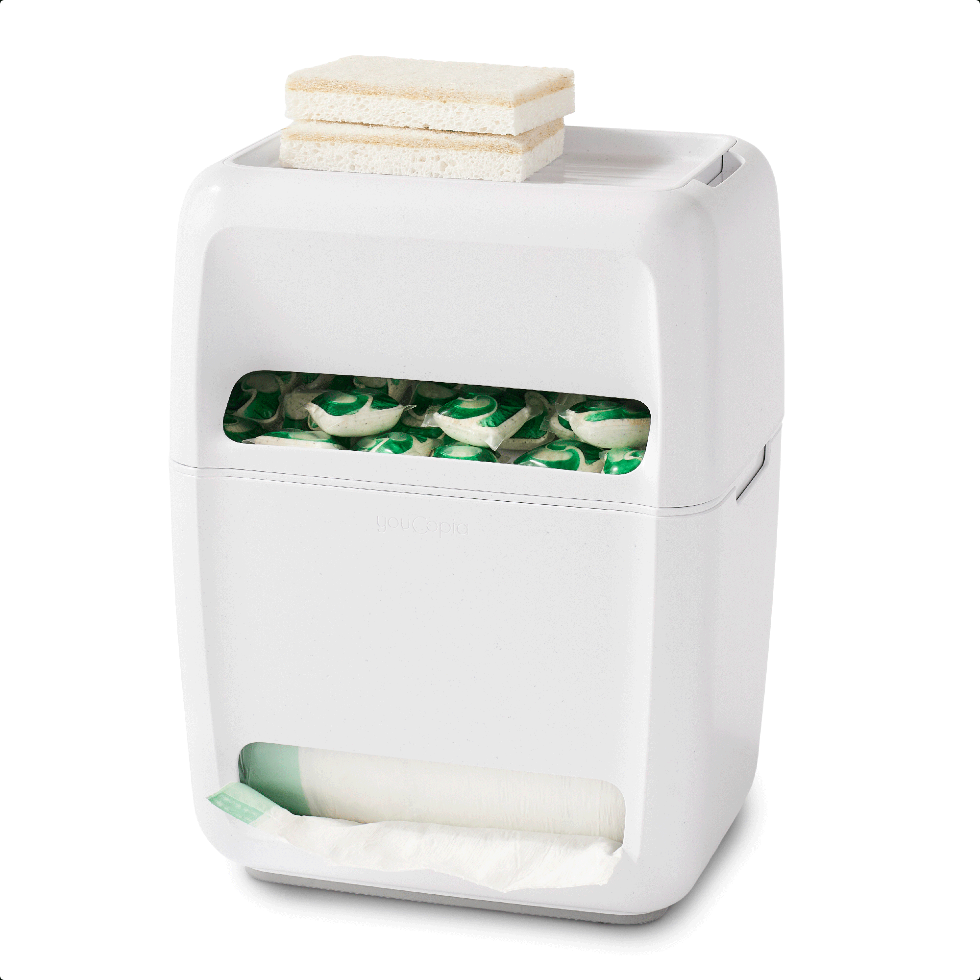 Dishwasher pod holder and garbage bag dispenser combined organizer on a white background
