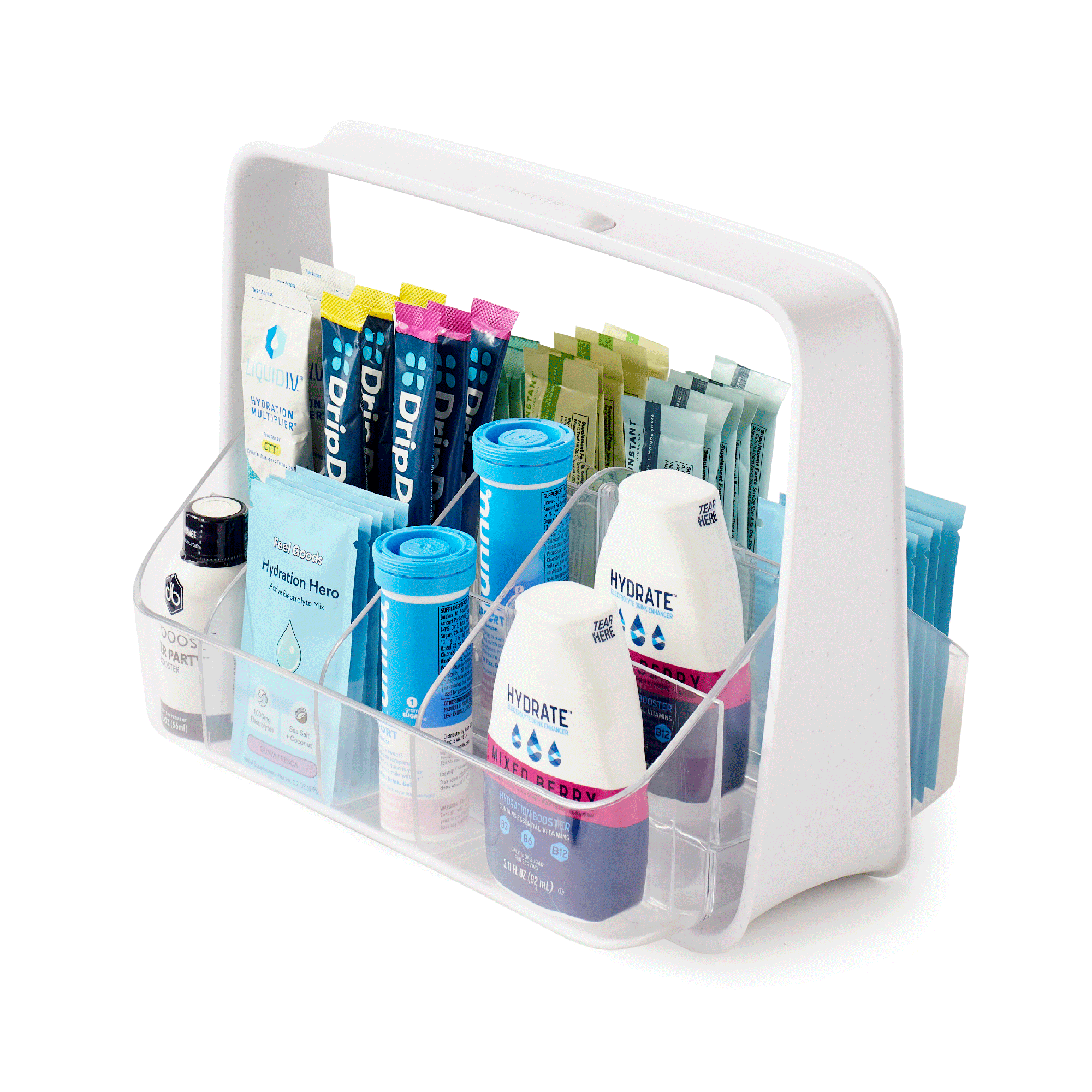 Hydration organizer with various hydration accessories and containers on a white background
