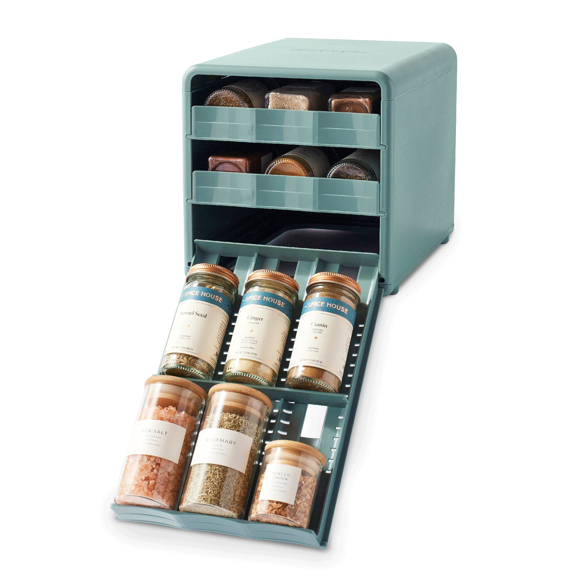 White spice rack with various spice containers on a white background