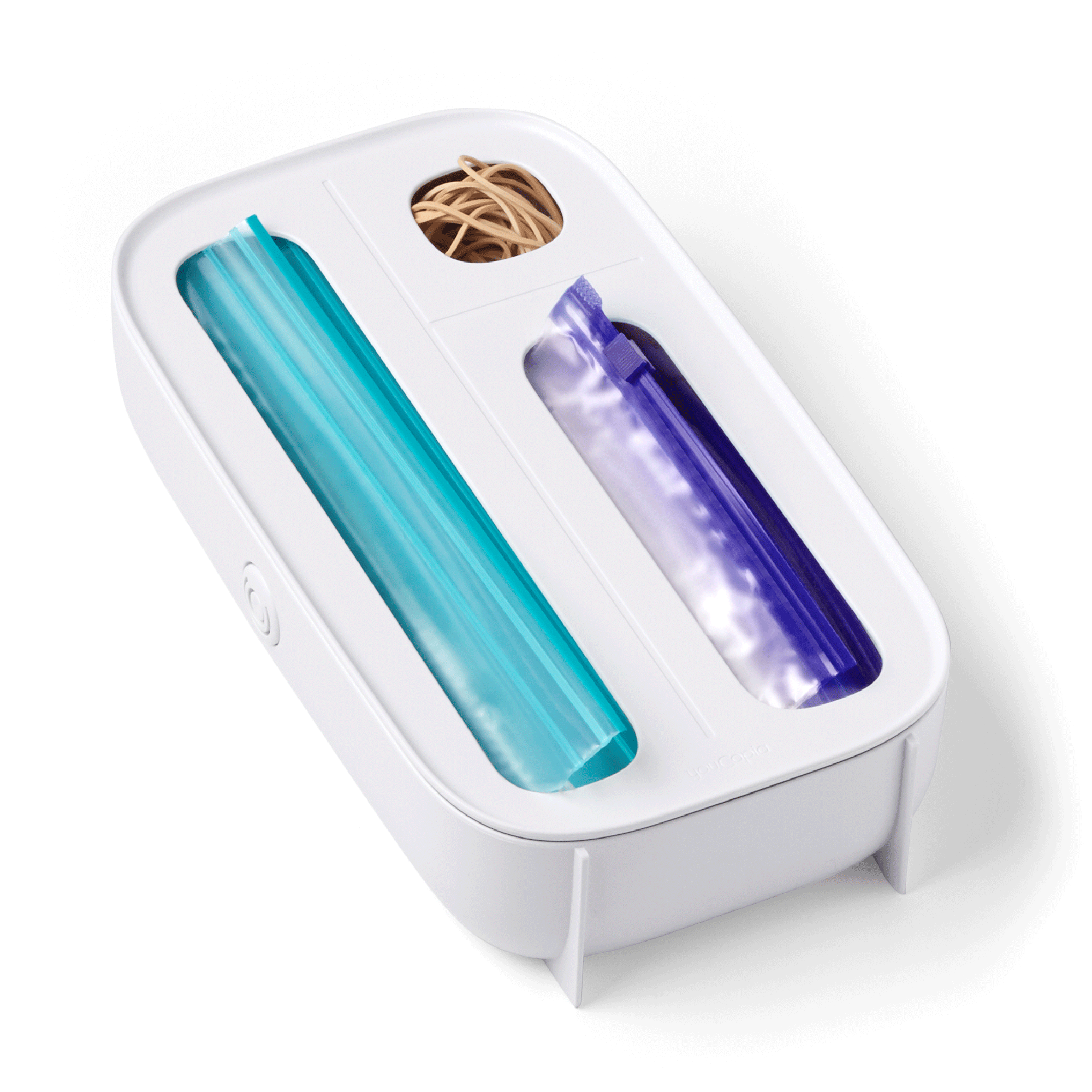 storabag organizer with Ziploc bags filled in its slots on a white background