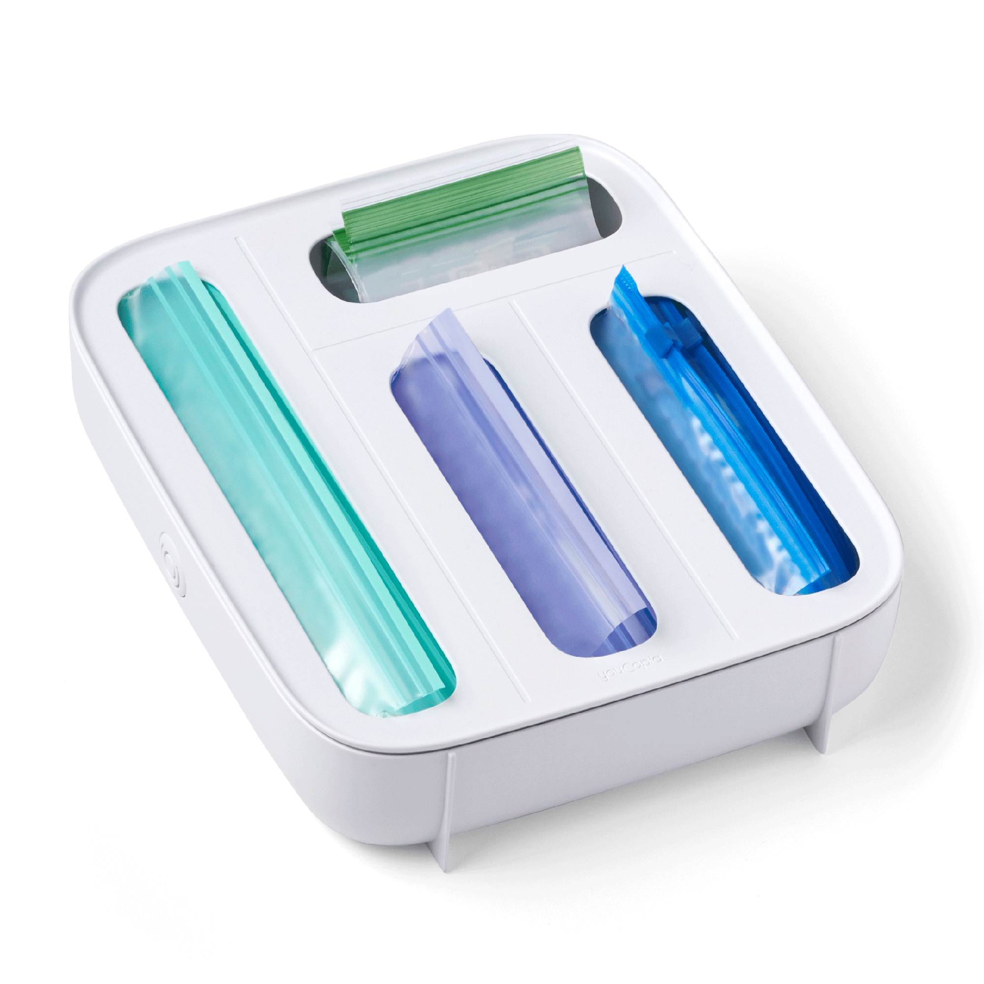 storabag organizer with Ziploc bags filled in its slots on a white background