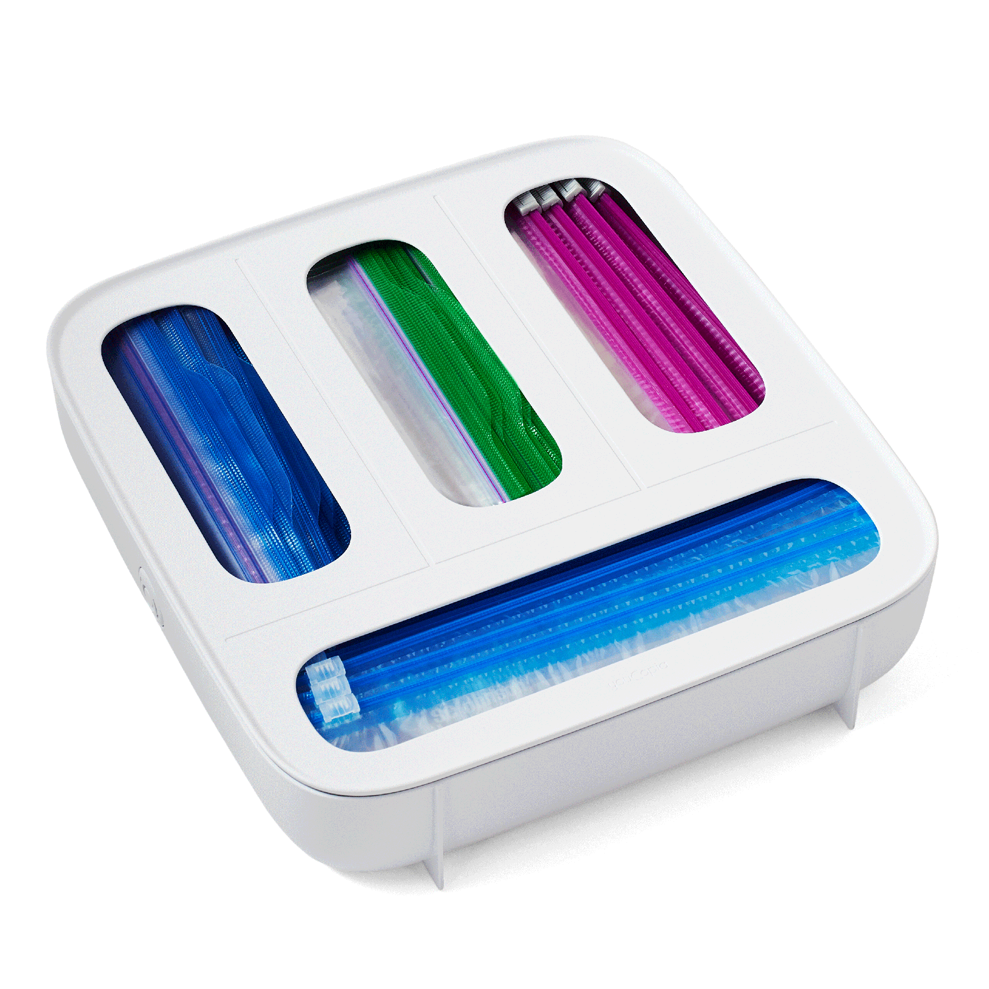 storabag organizer with Ziploc bags filled in its slots on a white background