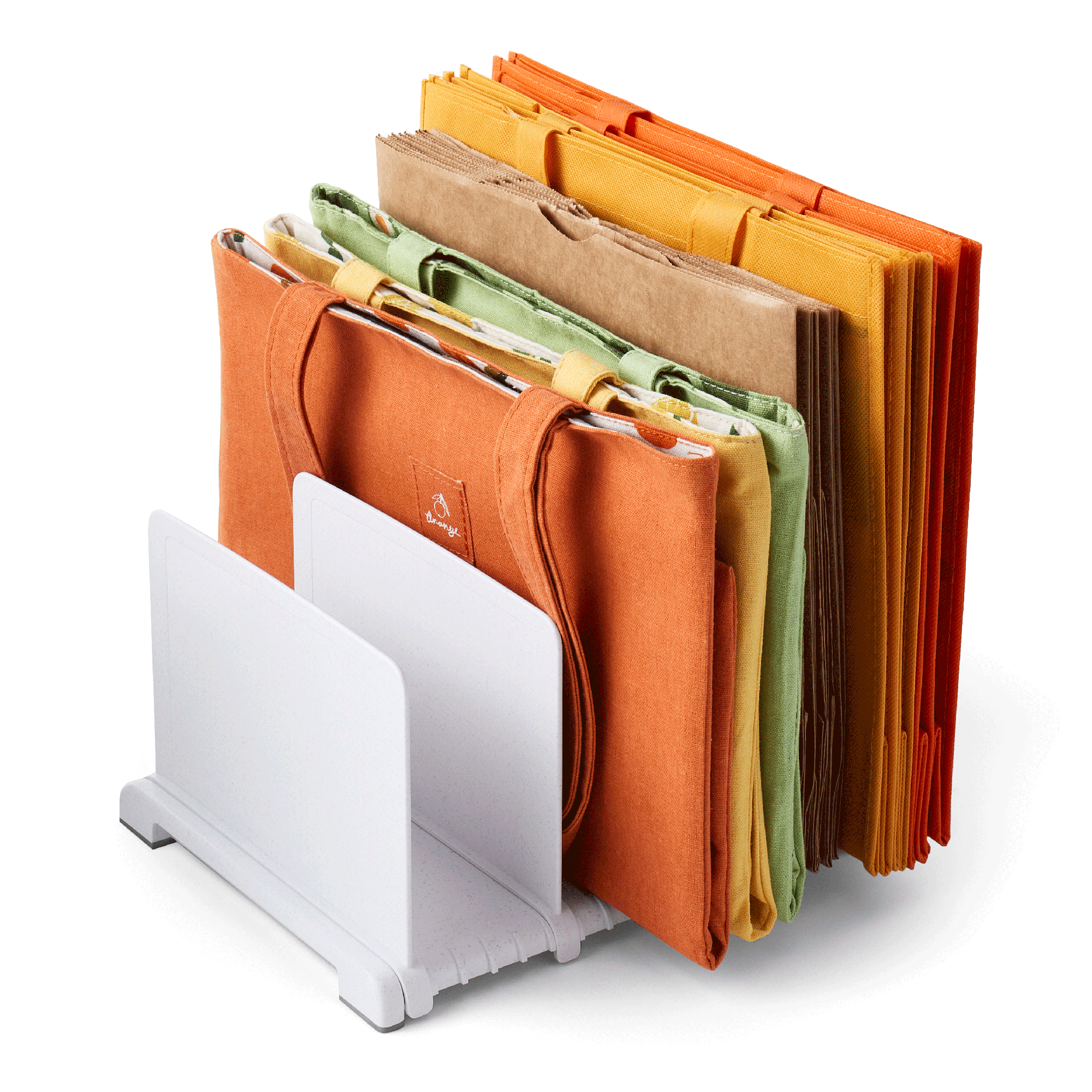 Reusable Bag stand organizer with reusable and paper bags sitting upright in the organizer on a white background
