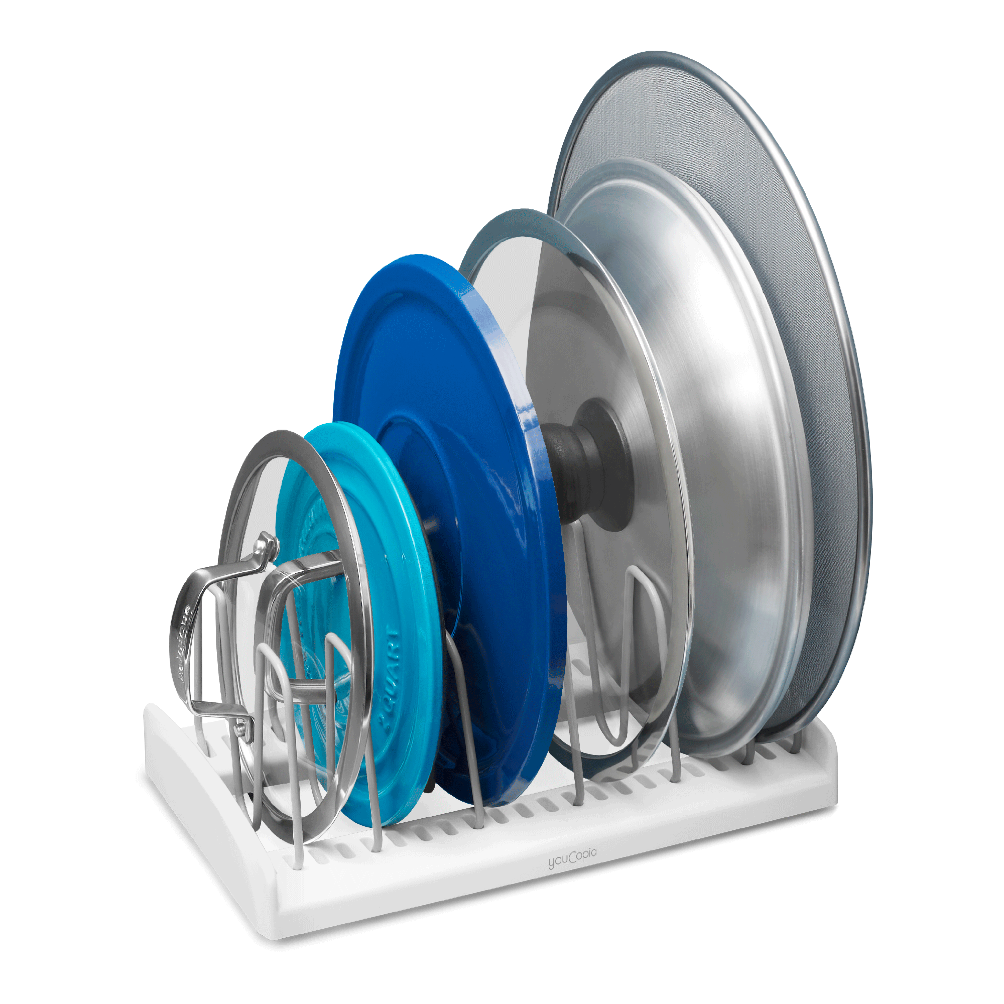 Lid Holder storage rack with blue and silver lids on a white background