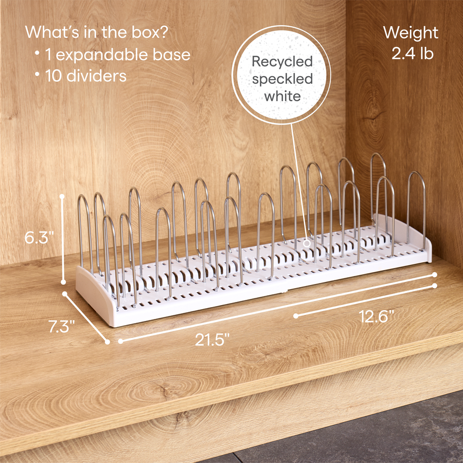 StoreMore Expandable Pan and Lid Rack, Hero, Adjustable Kitchen Organizer, Dimensions, Cabinet