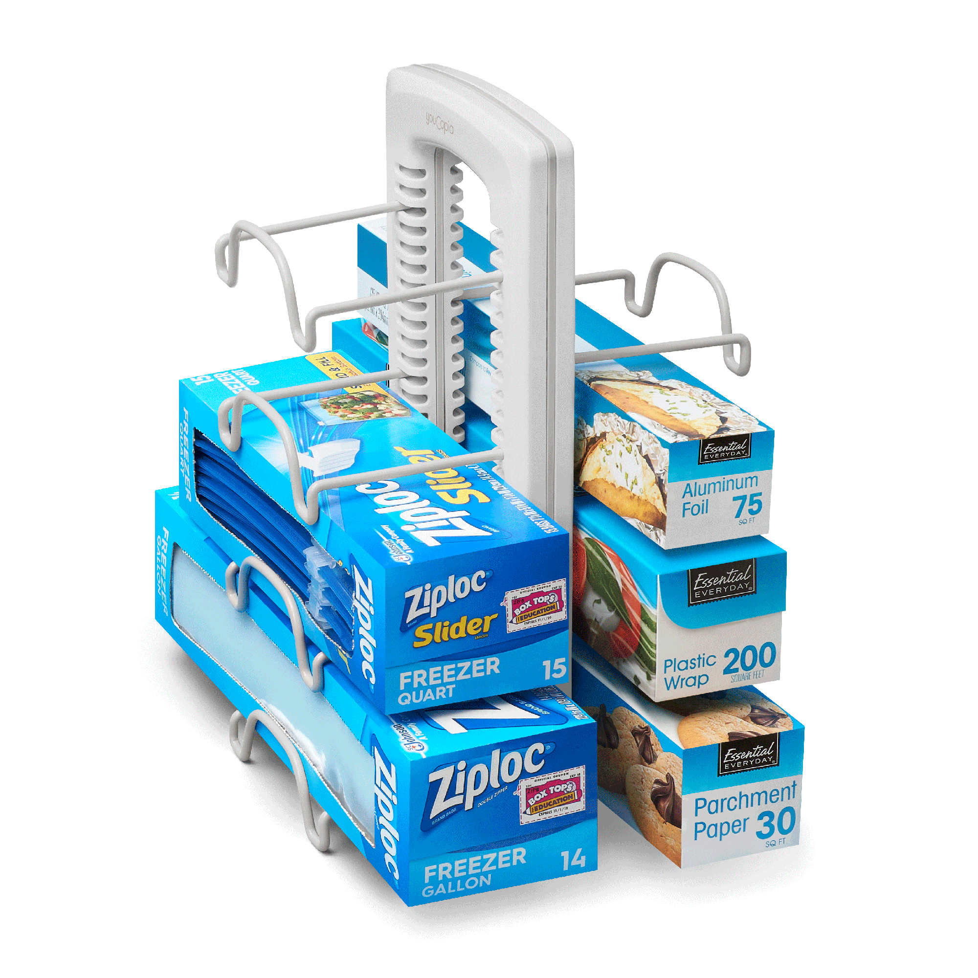 Wrapstand rack with boxes of Ziploc bags, foil, plastic wrap, and parchment paper on a white background.