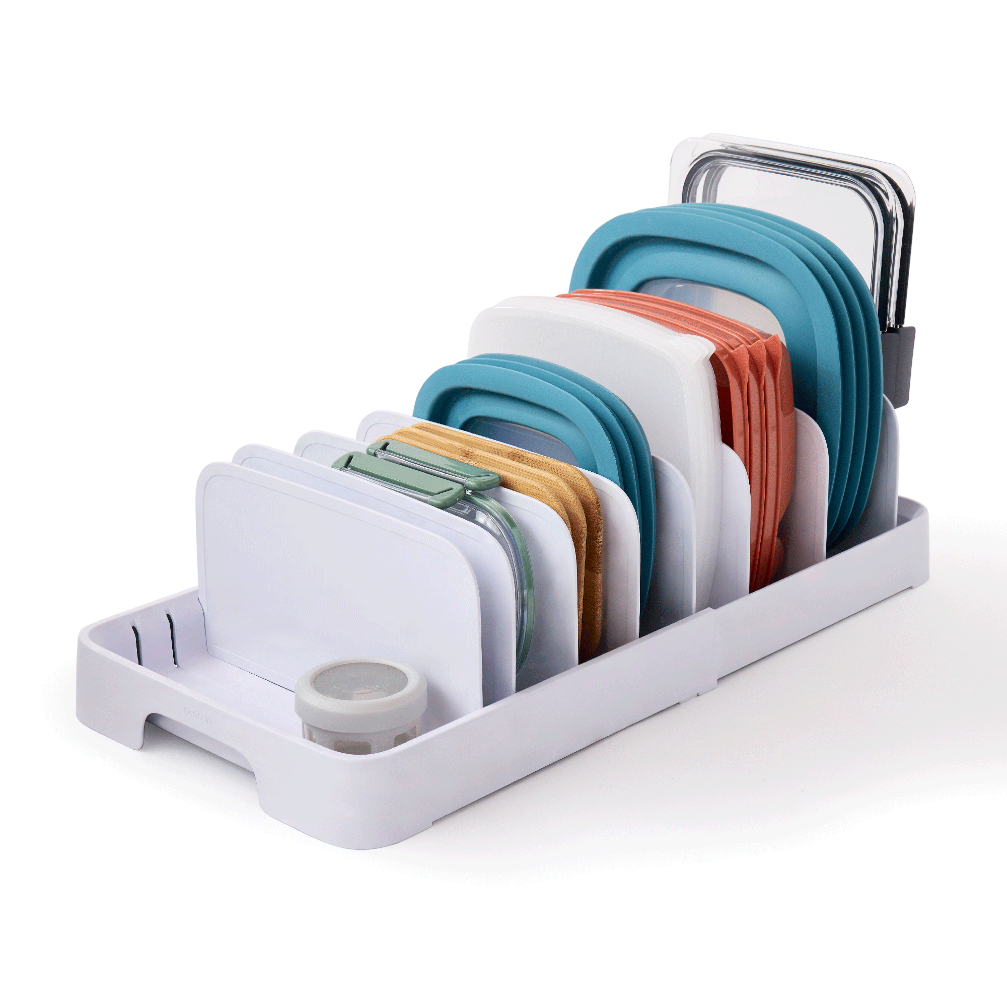 Expandable YouCopia StoraLid organizer holding container lids upright