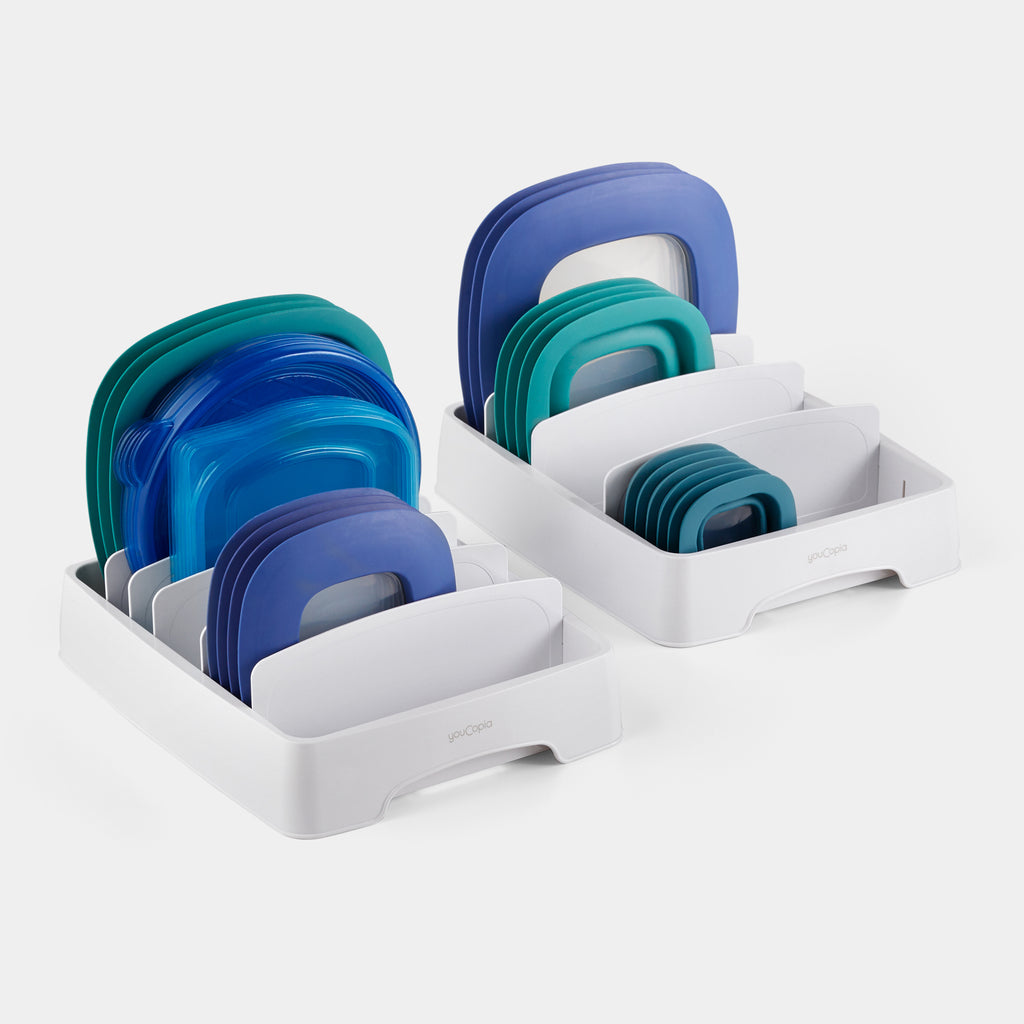 Food Container Lid Organizer With Adjustable Dividers, Plastic Lid